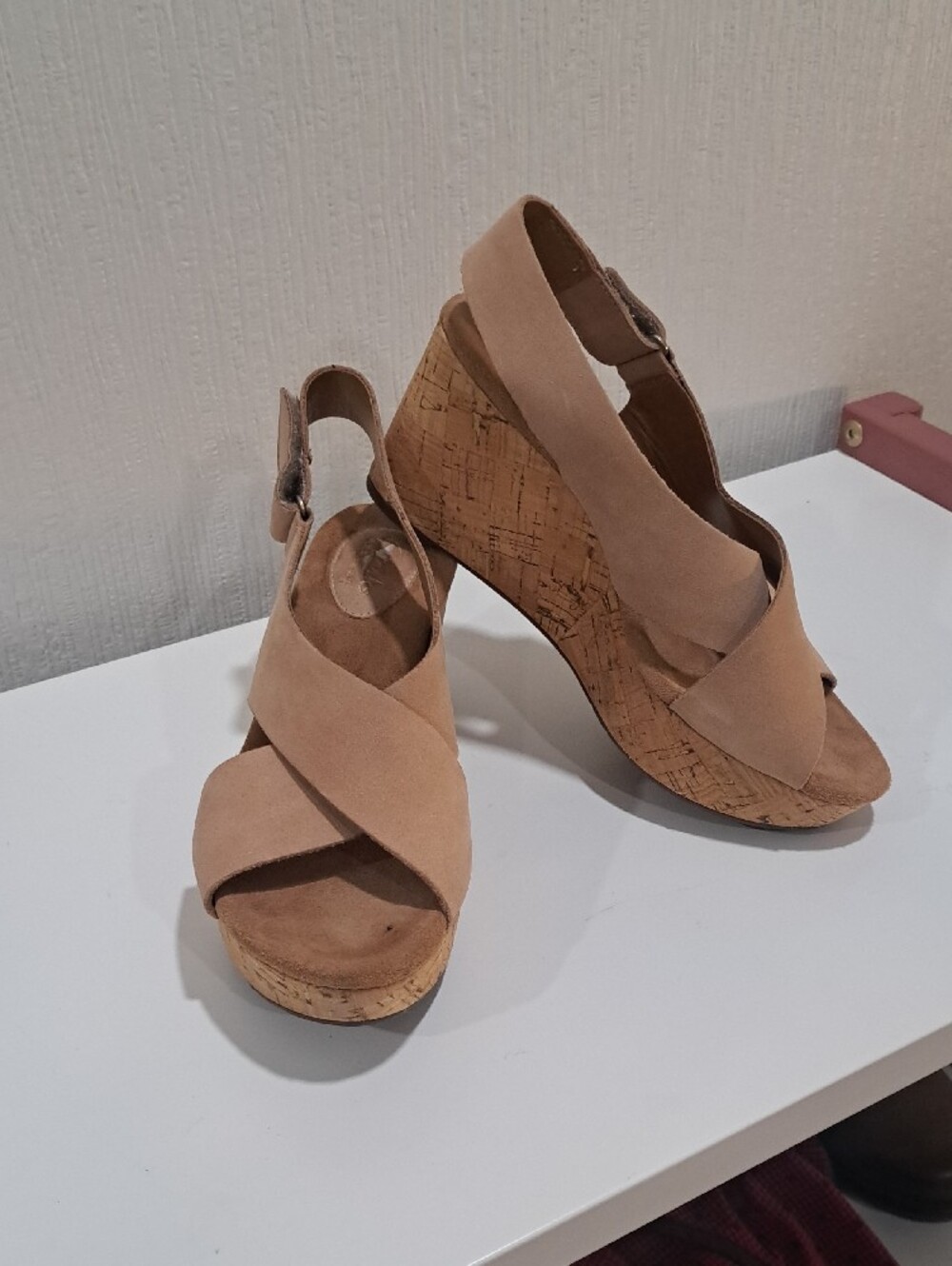Clarks Ladies Tan Cork Wedge Sandals - Slingback Suede Comfort Heels - Picture 3 of 6